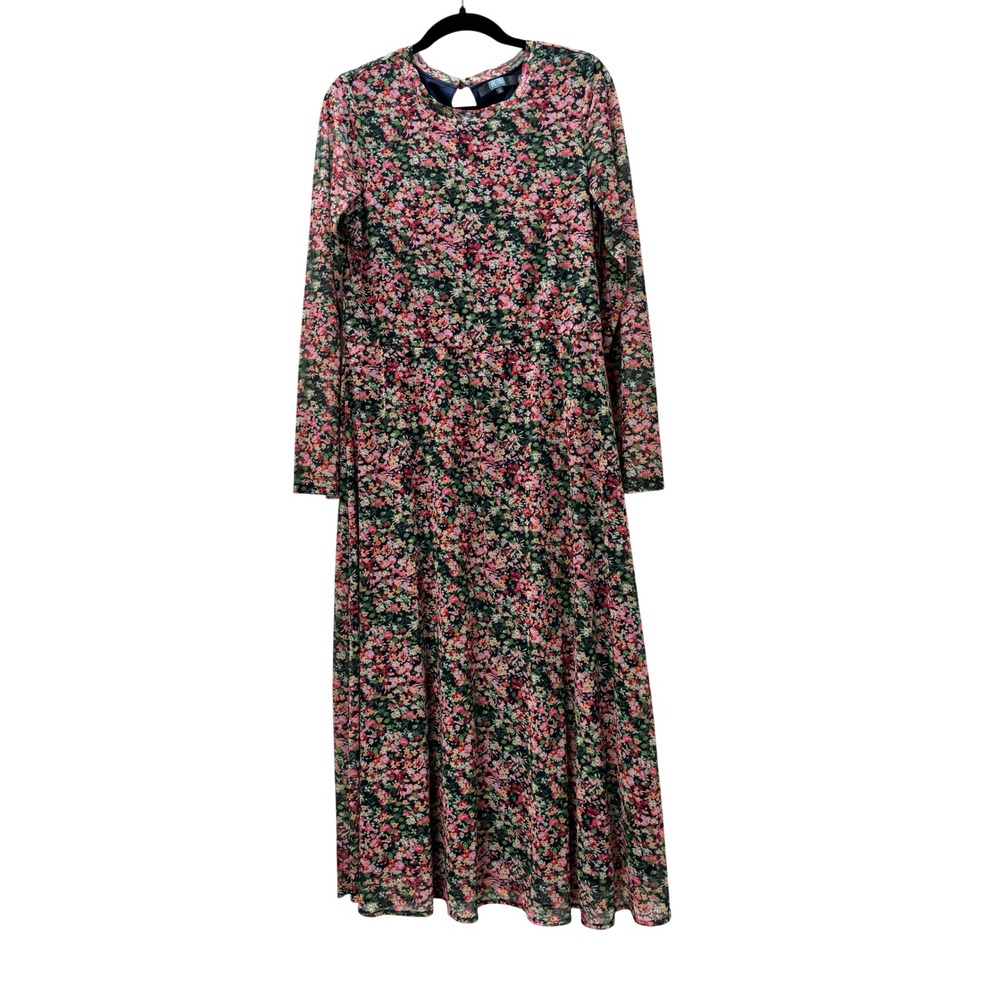 Eva Franco Floral Mesh Maxi Dress Navy Pink Long Sleeve ME9301-AN Womens‎ Medium